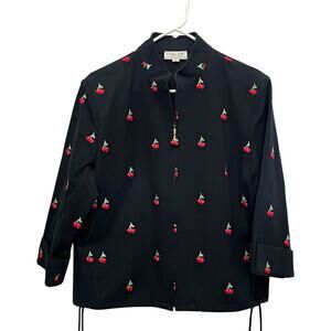 St John Sport Jacket Women Size M Black with Red Cherries 2004 Novelty Fruit
